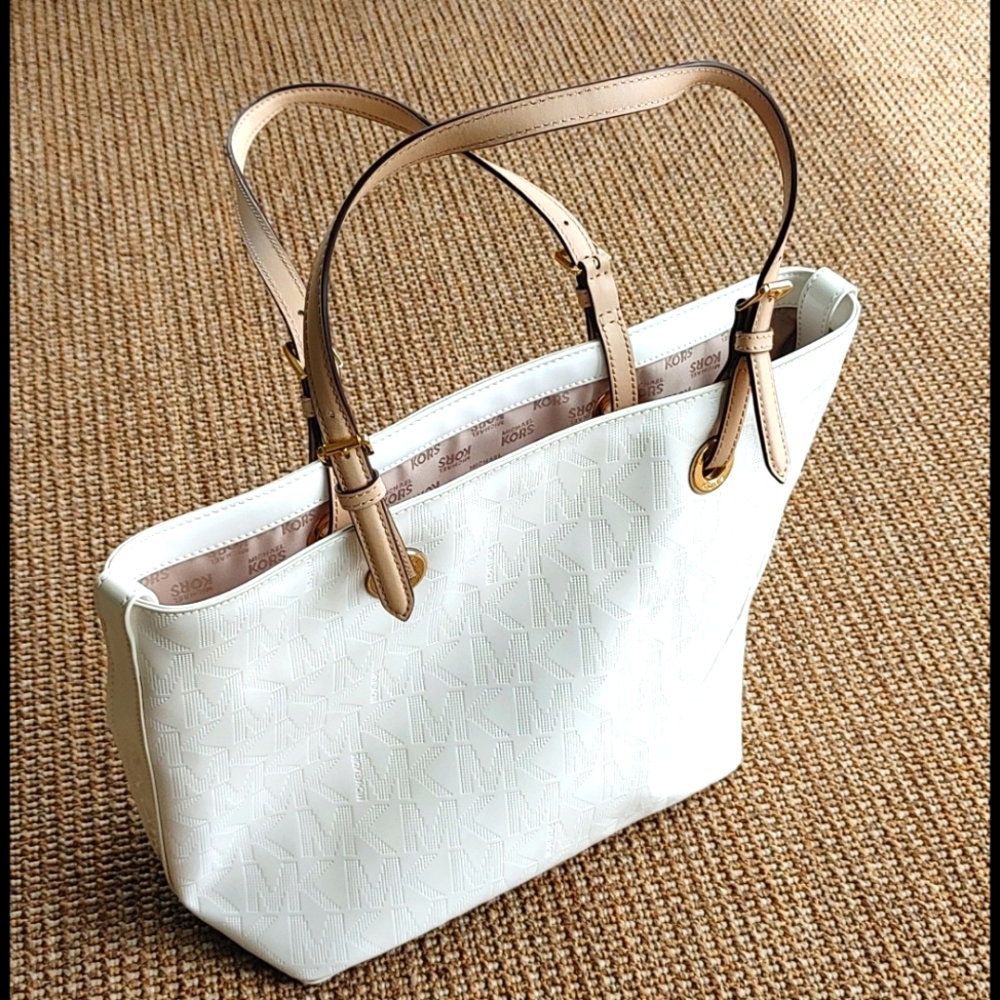 Michael Kors White Patent and Tan Tote Bag